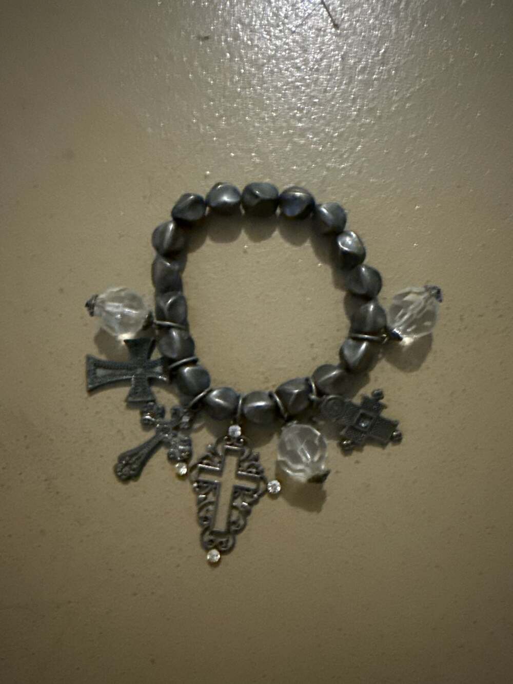 Vintage Pewter Tone Mixed Cross Religious Charm Stretch Bracelet Clear Beads